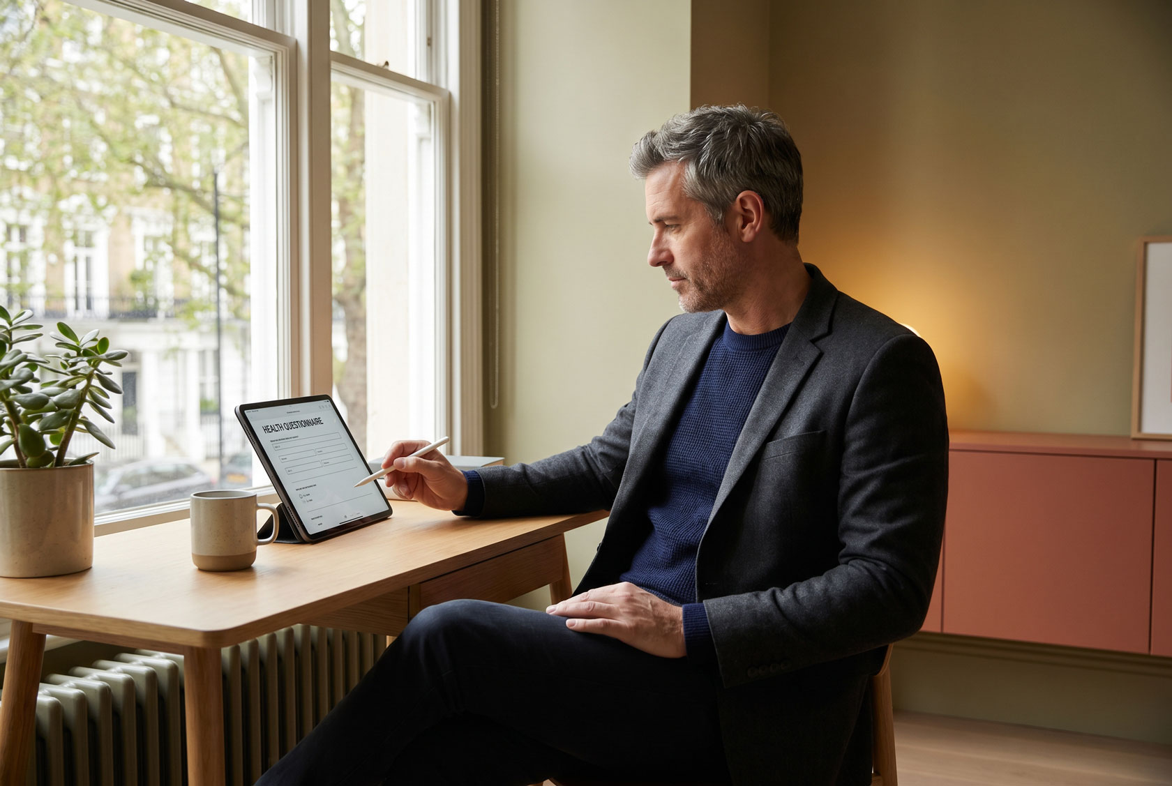 Man completing health questionnaire at home